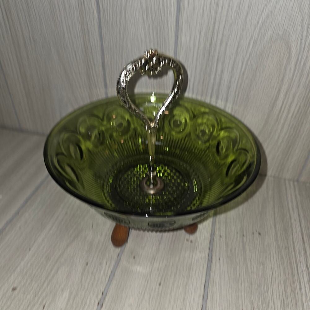 Vtg Green Glass Candy Dish Wood Feet Metal Heart Shaped Handle Table Centerpiece